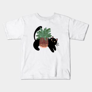 The Black Cat with its Plant | Cute Handmade Illustrations | By Atelier Serakara Kids T-Shirt